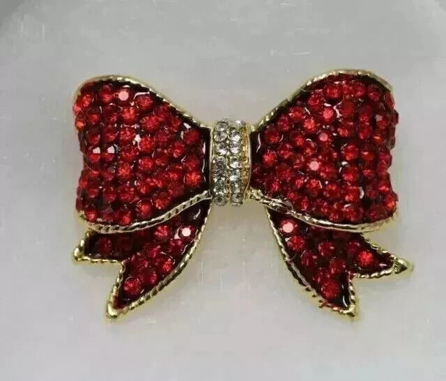 1.80 Ct Round Cut Lab Created Red Ruby Bow Brooch Pin 14K Yellow Gold Plated