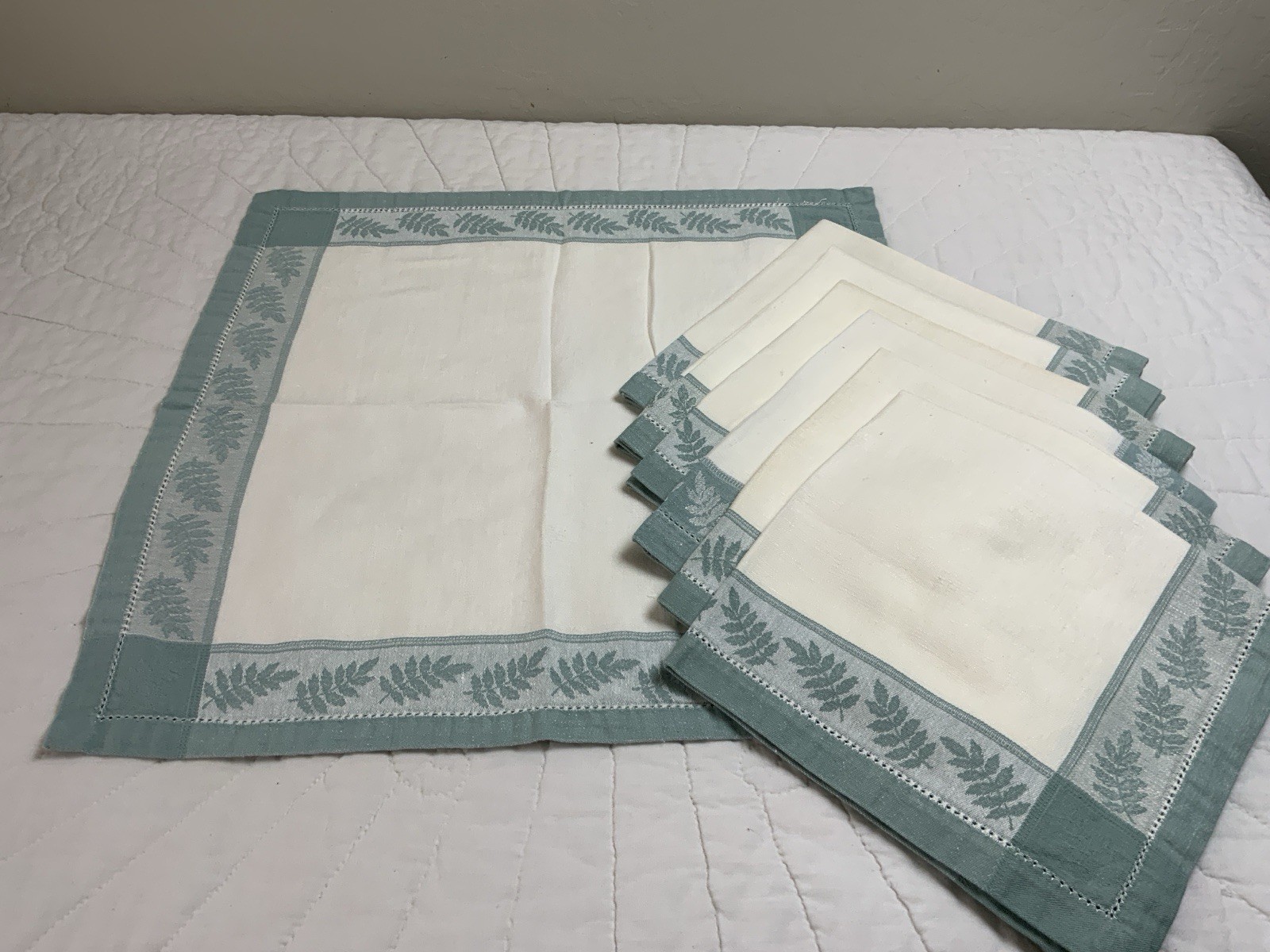Seven XL Dinner Napkins, White, Light Blueish Green, Woven Leaf Design, Cotton