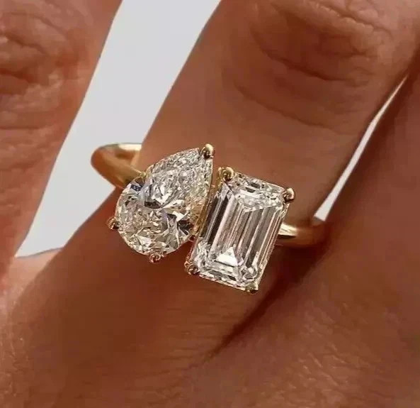14k Yellow Gold Plated 3Ct Pear & Emerald Cut Lab Created Diamond Two Stone Ring