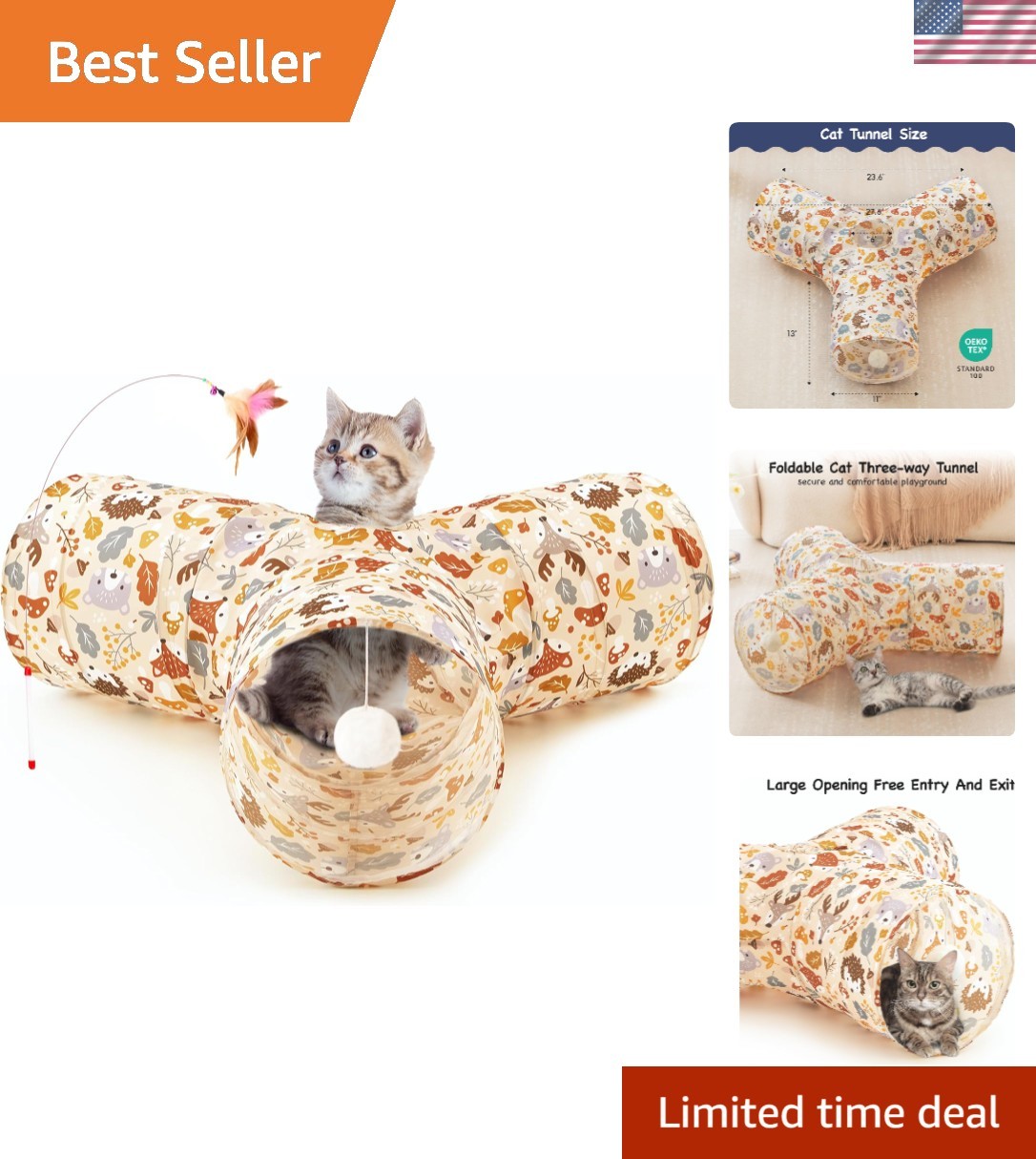 Pet Cat Tunnel Tube Cat Toys 3 Way Collapsible, Cat Tunnels for Indoor Cats，K...