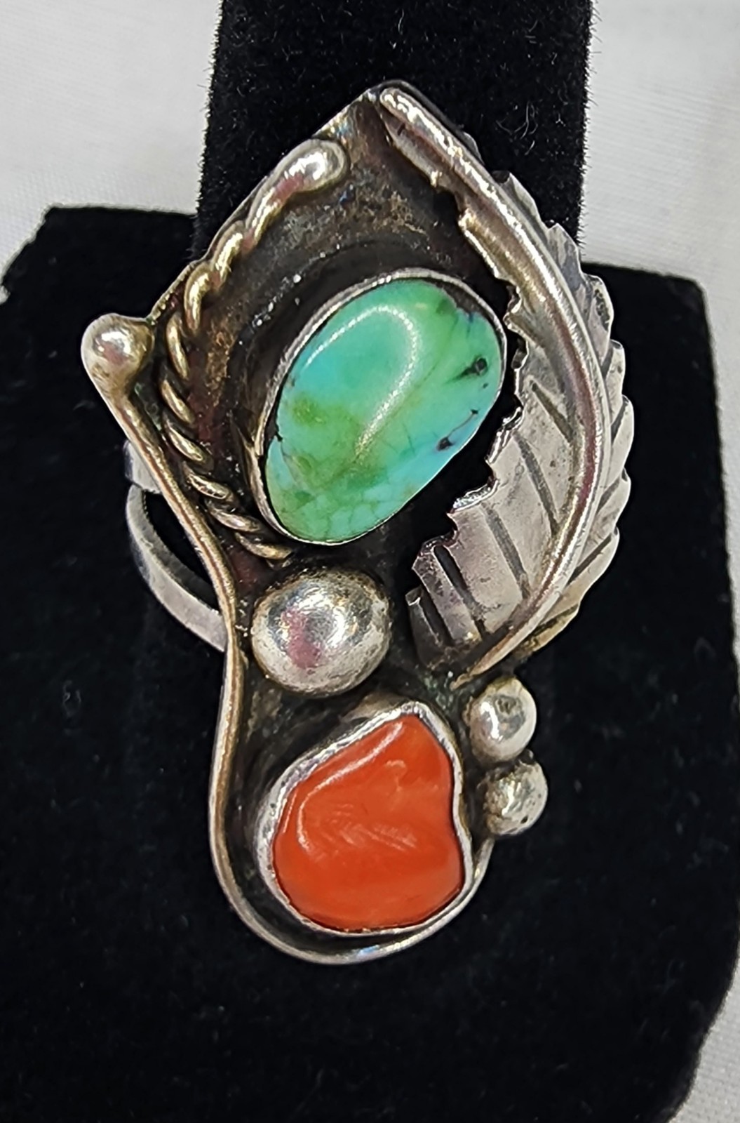 Vintage 925 Southwestern Style Ring W/ Turquoise & Coral Stones Sz 6 3/4 