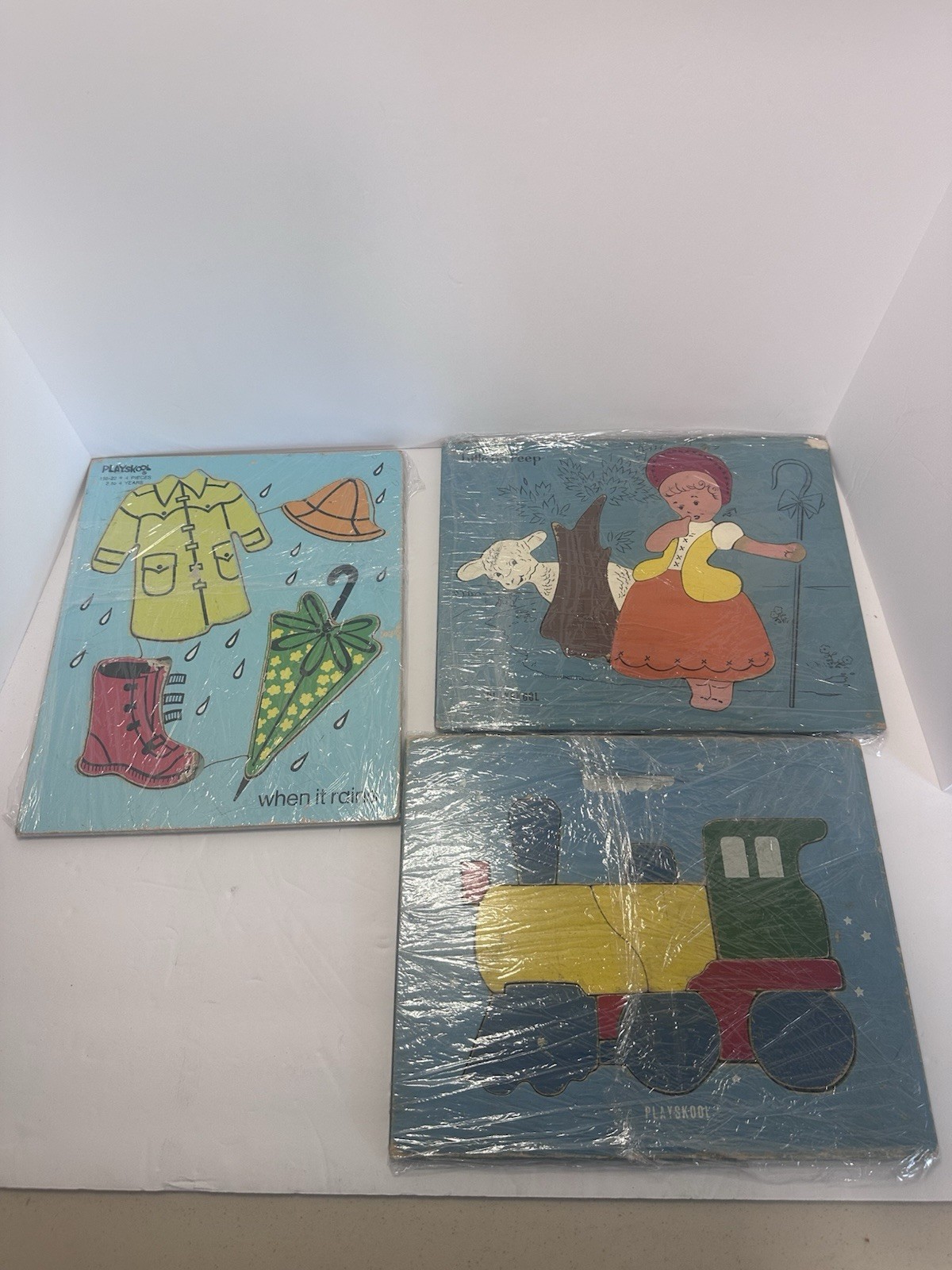 Vintage Playskool Wooden Puzzle Playschool Lot 3 Train, bo-peep, when it rains