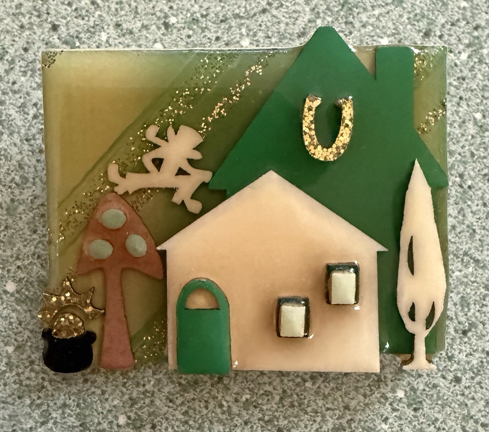 Vtg Lucinda House Pin - Irish St. Patrick Day Leprechaun, Horseshoe, Pot of Gold