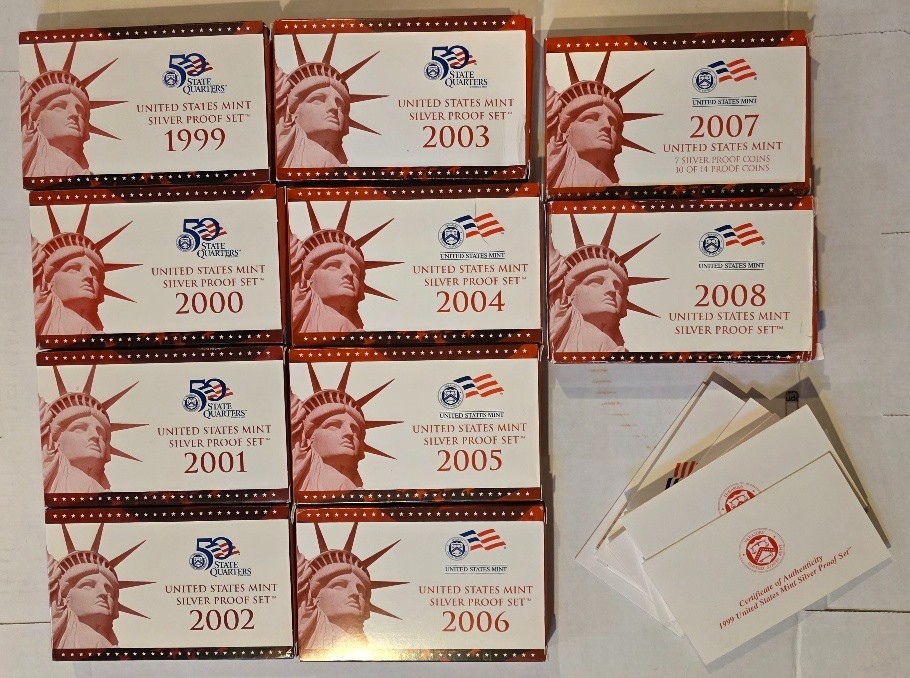 U.S. Mint silver proof boxes only 1999 thru 2008 with 9 COAs coins not included