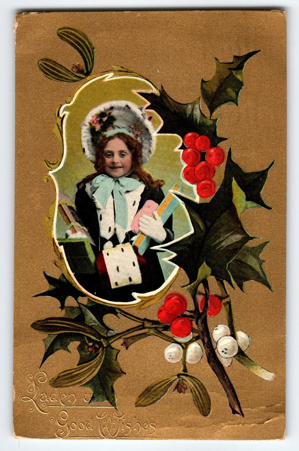 Antique 1907 Christmas Postcard Victorian Girl Holly Berries