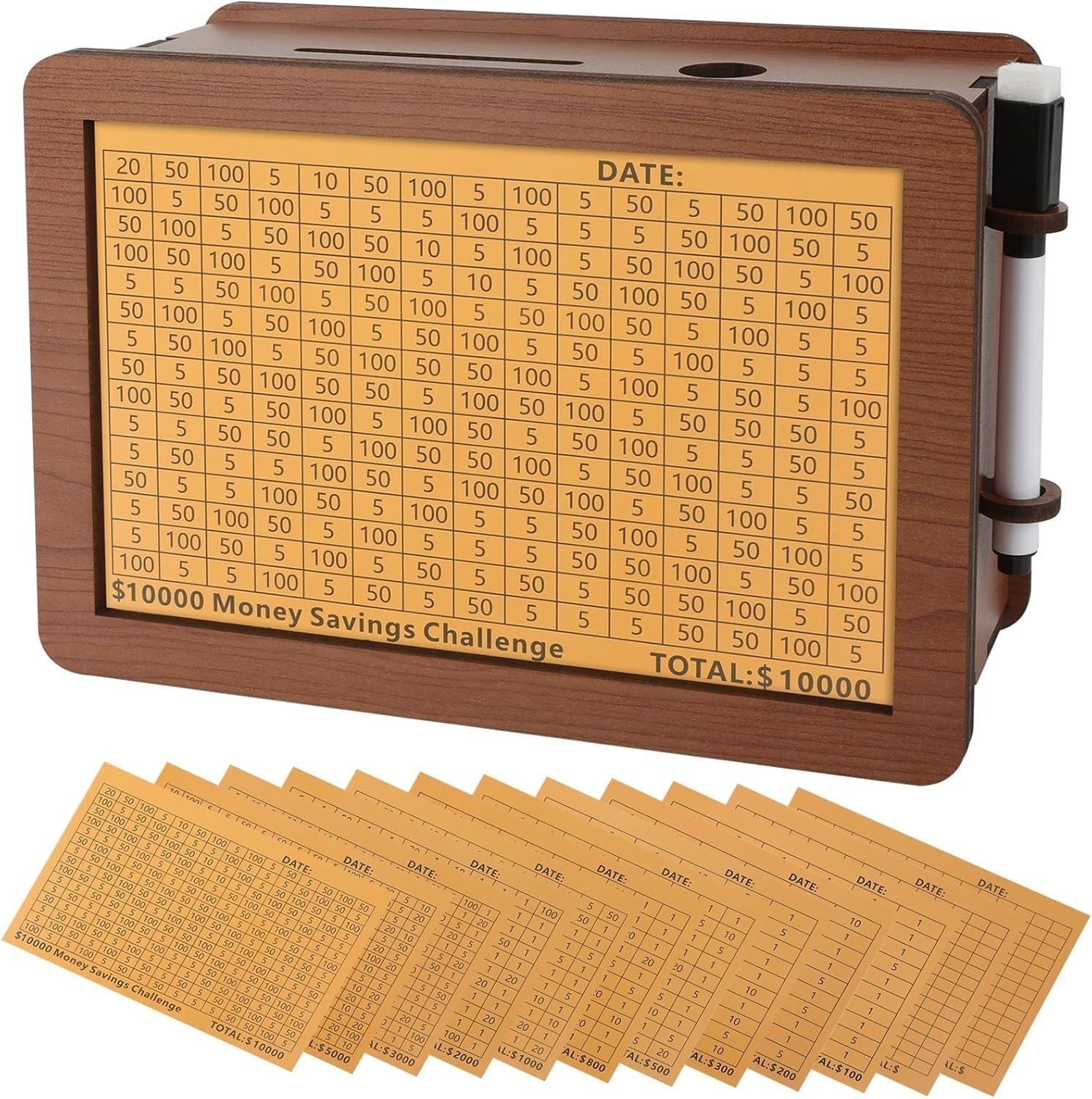 10000 Savings Challenge Box, Wooden Money Saving Piggy Bank for Adults Kids, Reu