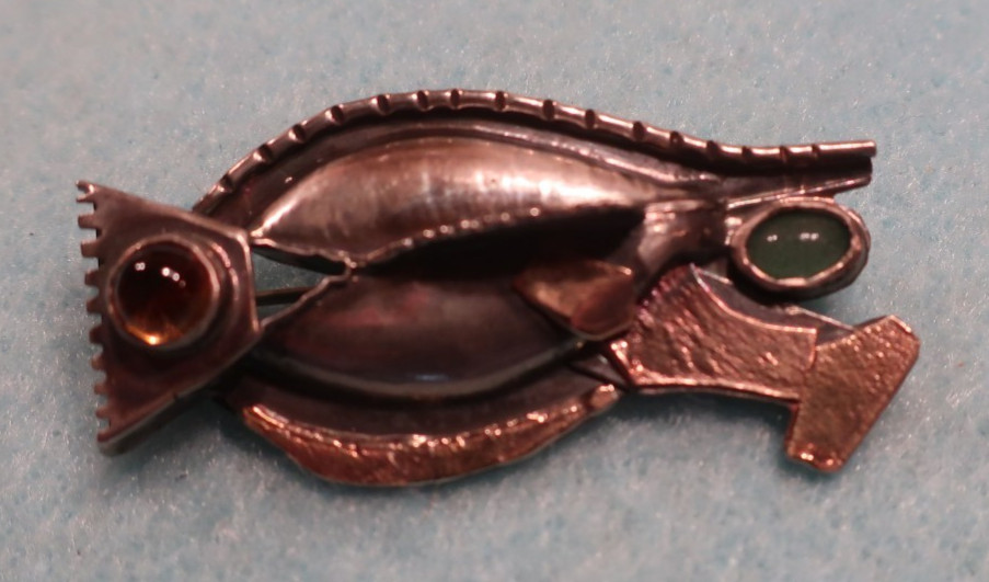 Sterling & 14K Abstract Brooch; 2 stones; Made in USA by Peggy Johnson, 2000