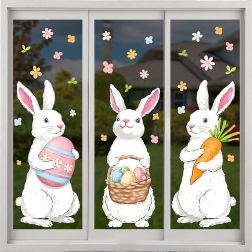 Farmhouse Easter Decorations Window Clings: Extra Large Easter Bunny Holding 