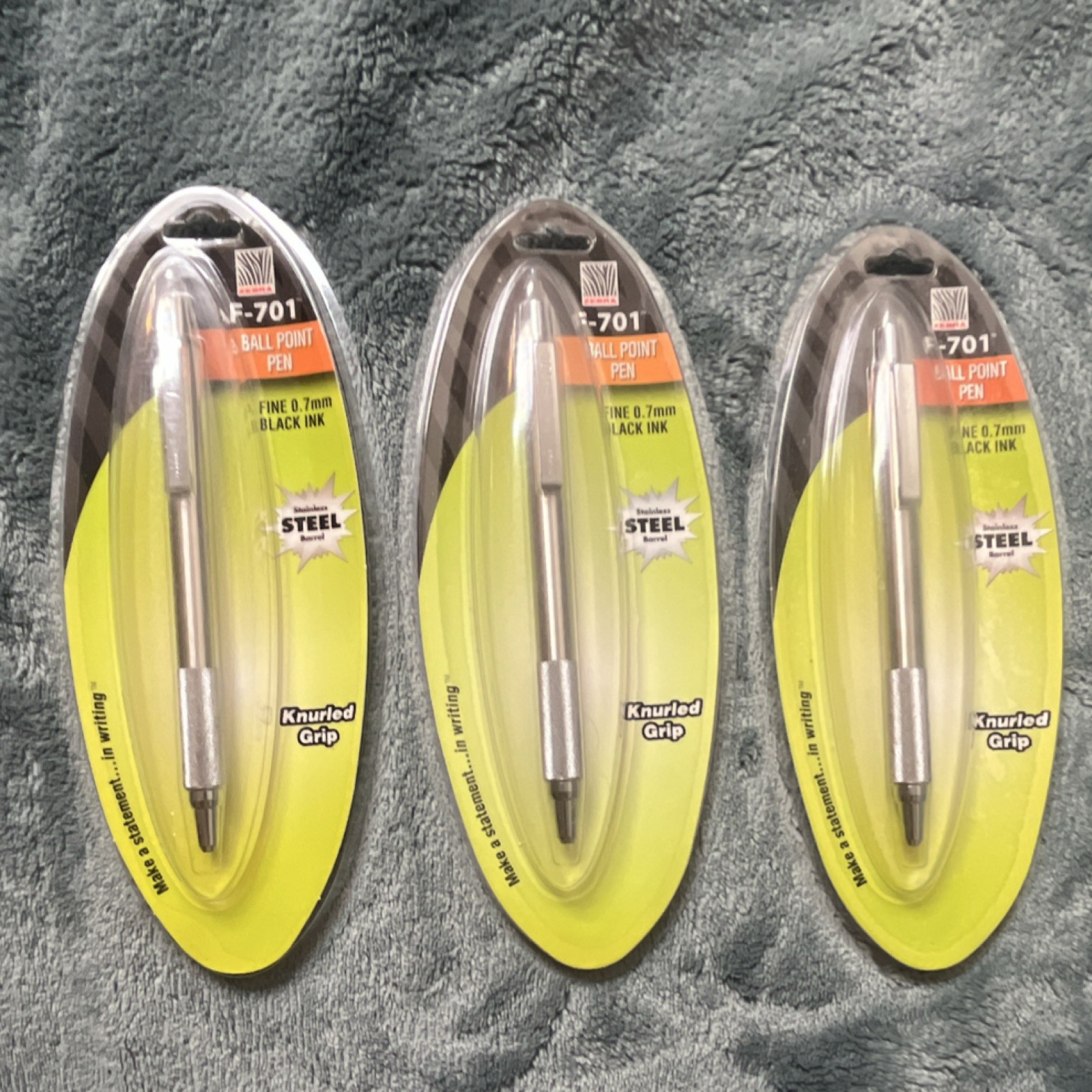 Zebra F-701 Ballpoint Pens 3-Pack Fine 0.7mm Black Ink Stainless Steel Grip