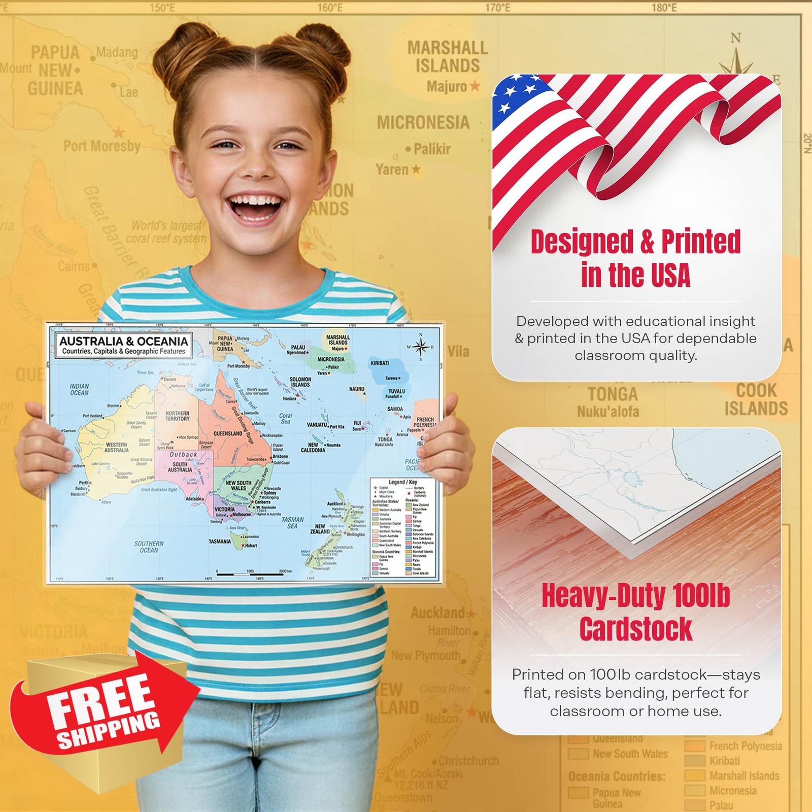 JELLY BEAN GENIUS Australia and Oceania Map 11x17 Laminated Dry Erase Geograp...