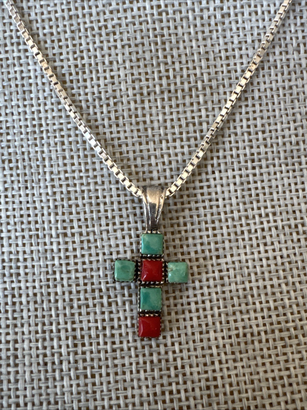 Native American  Silver 9.25 Turquoise & Red Coral Cross 9.25 Italy Box Chain