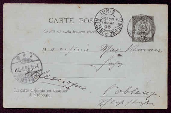 TUNISIA 1896 REPLY CARD INTACT TO GERMANY