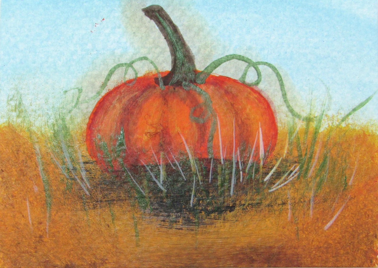 ACEO Pumpkin in a meadow Original Thanksgiving Magnetic Frame Art by Rain Crow