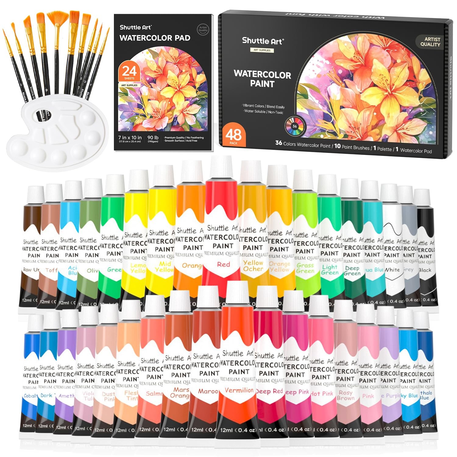 48 Pack Watercolor Paint Set, 36 Colors Watercolor Paint in Tubes (12ml Each)...