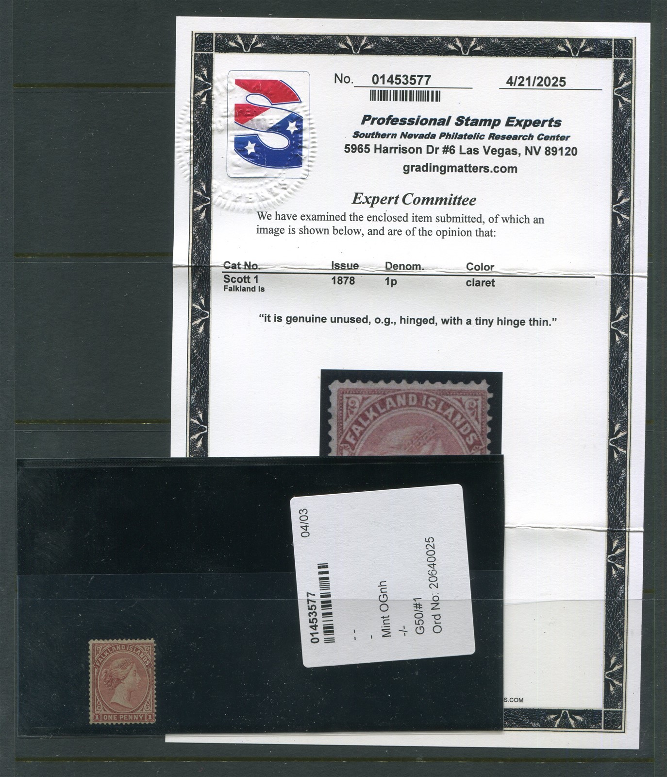 Falkland Island #1 Victoria 1 P. [Mint Hinged] Certified