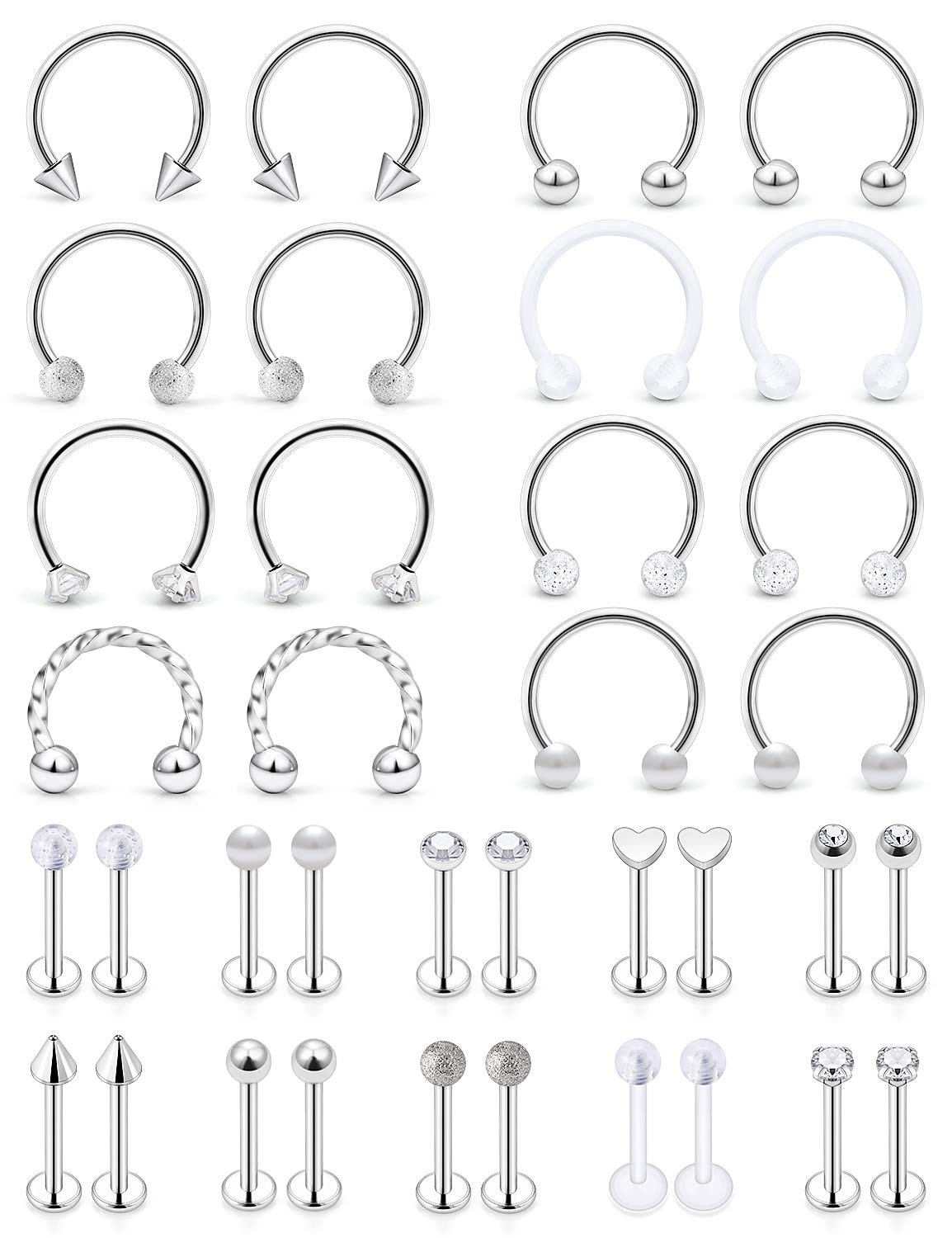 16g Lip Rings Stainless Steel Horseshoe Labret Monroe Lip Rings Nail Tragus H...