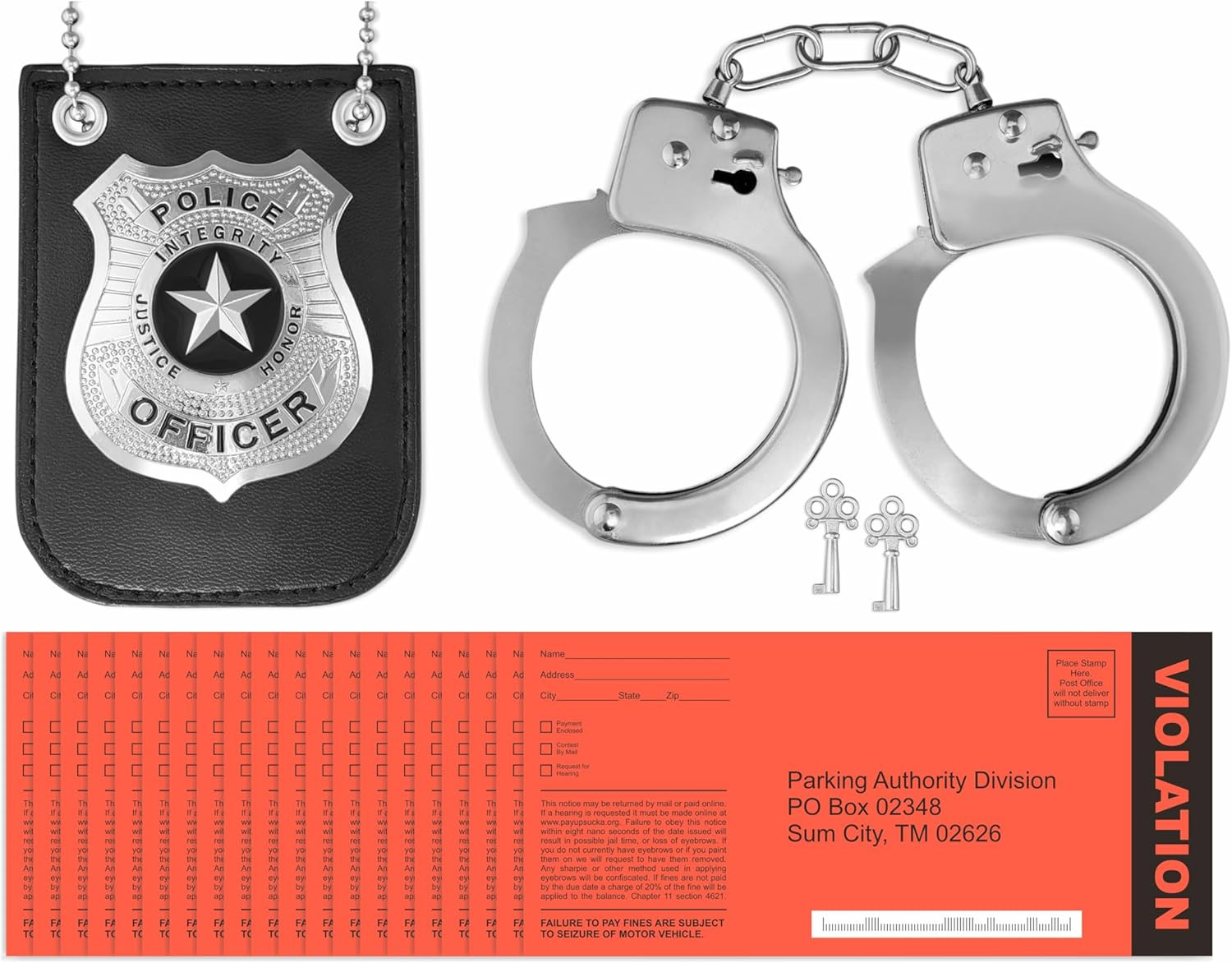Police Officer Costume Accessory Set, Toy Handcuffs with Keys, Police Badge & Fu
