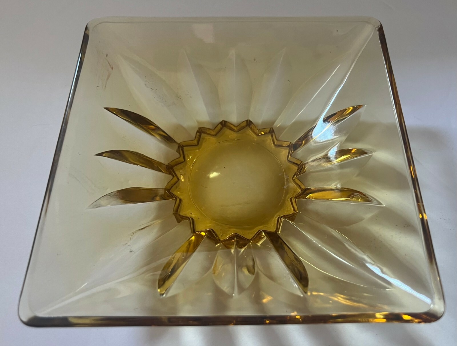 Vintage Mid Century Amber Square Dish With Starburst