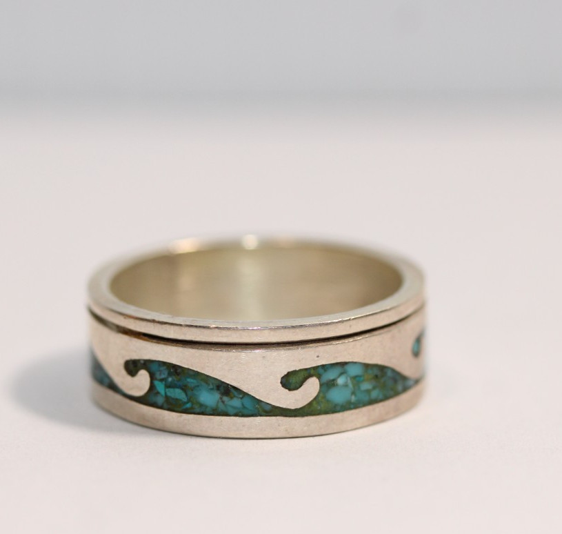 Native American Sterling Silver Turquoise Chip Inlay Ring Size 10 WaveS