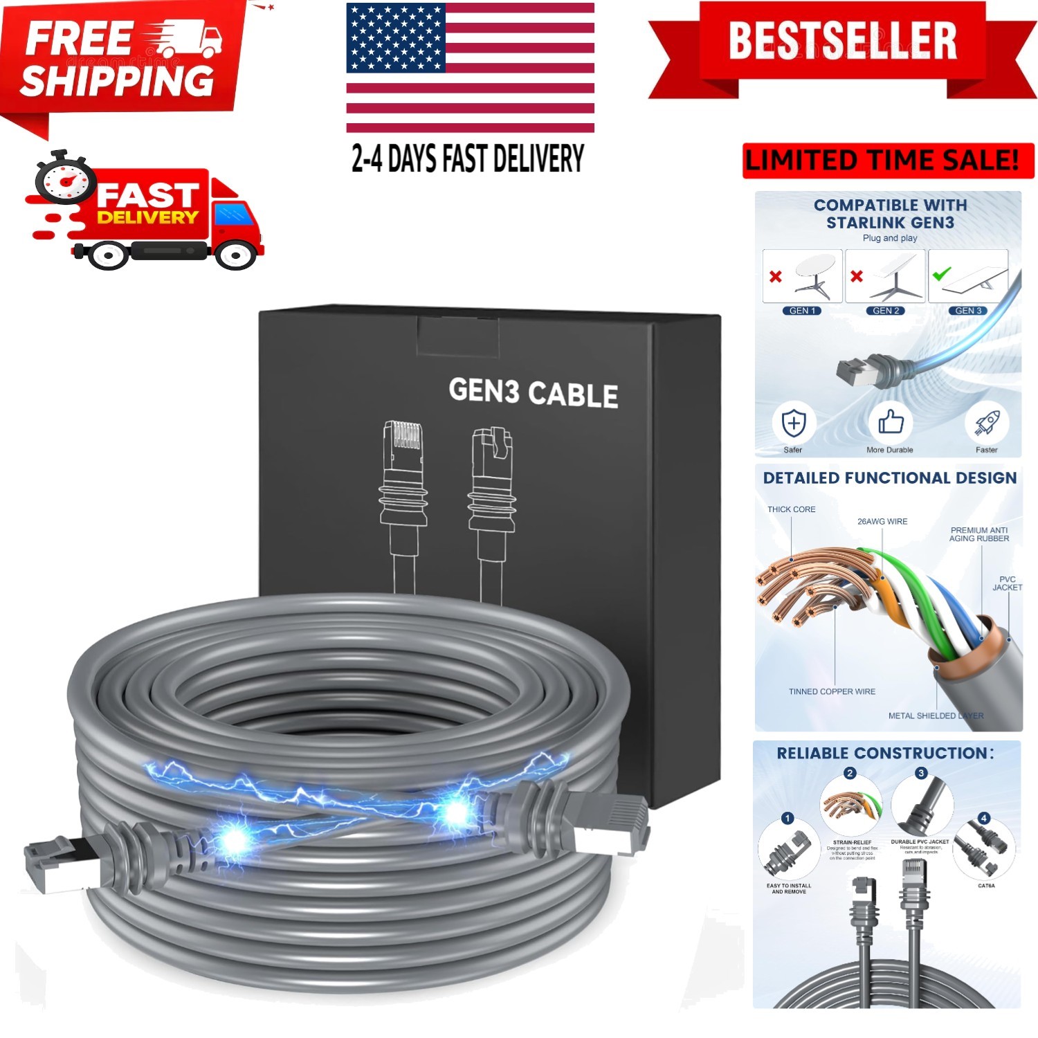 Starlink Cable for Starlink Standard V3, Replacement Extension Cable Waterpro...