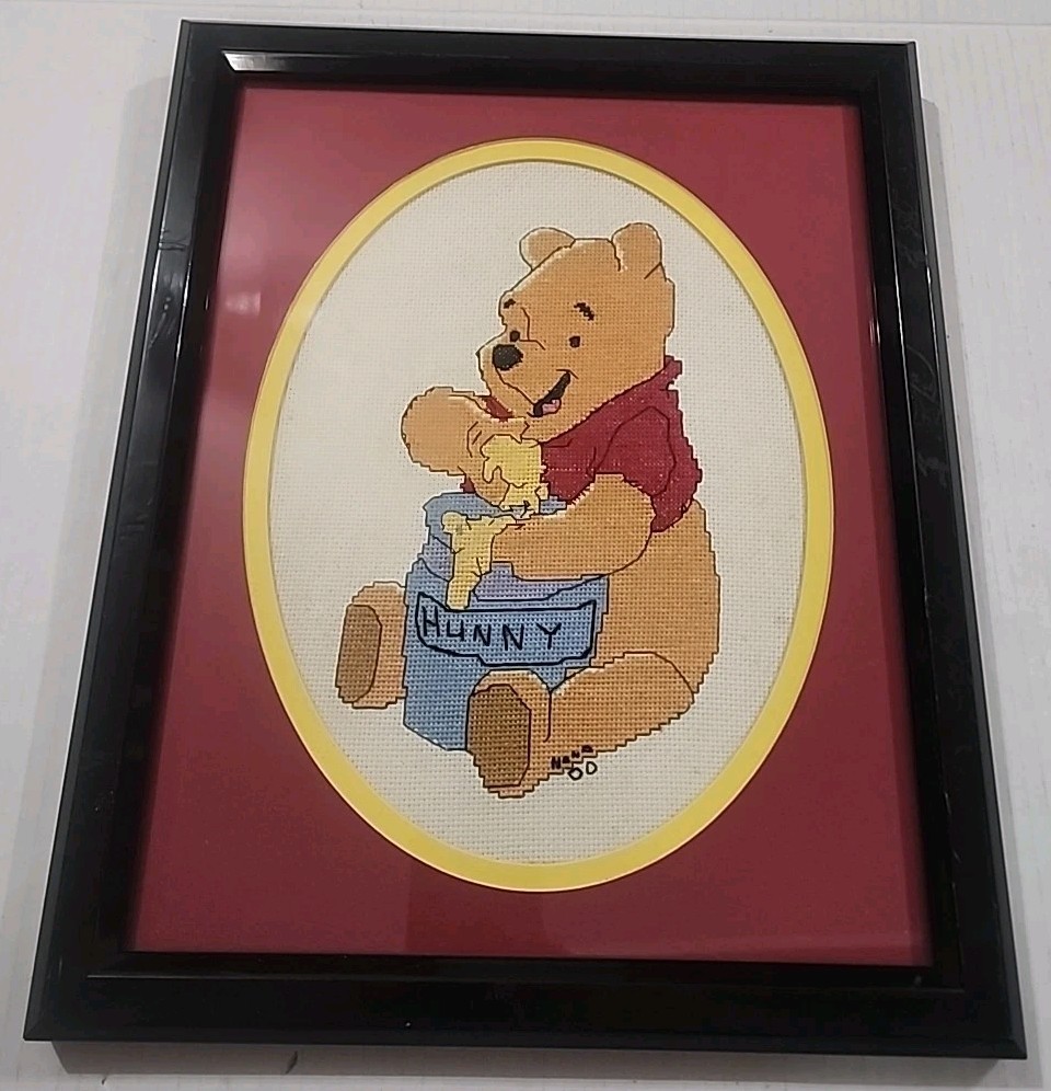 VTG Handmade Winnie The Pooh Cross Stitch Matted Framed Decor nursery signed 