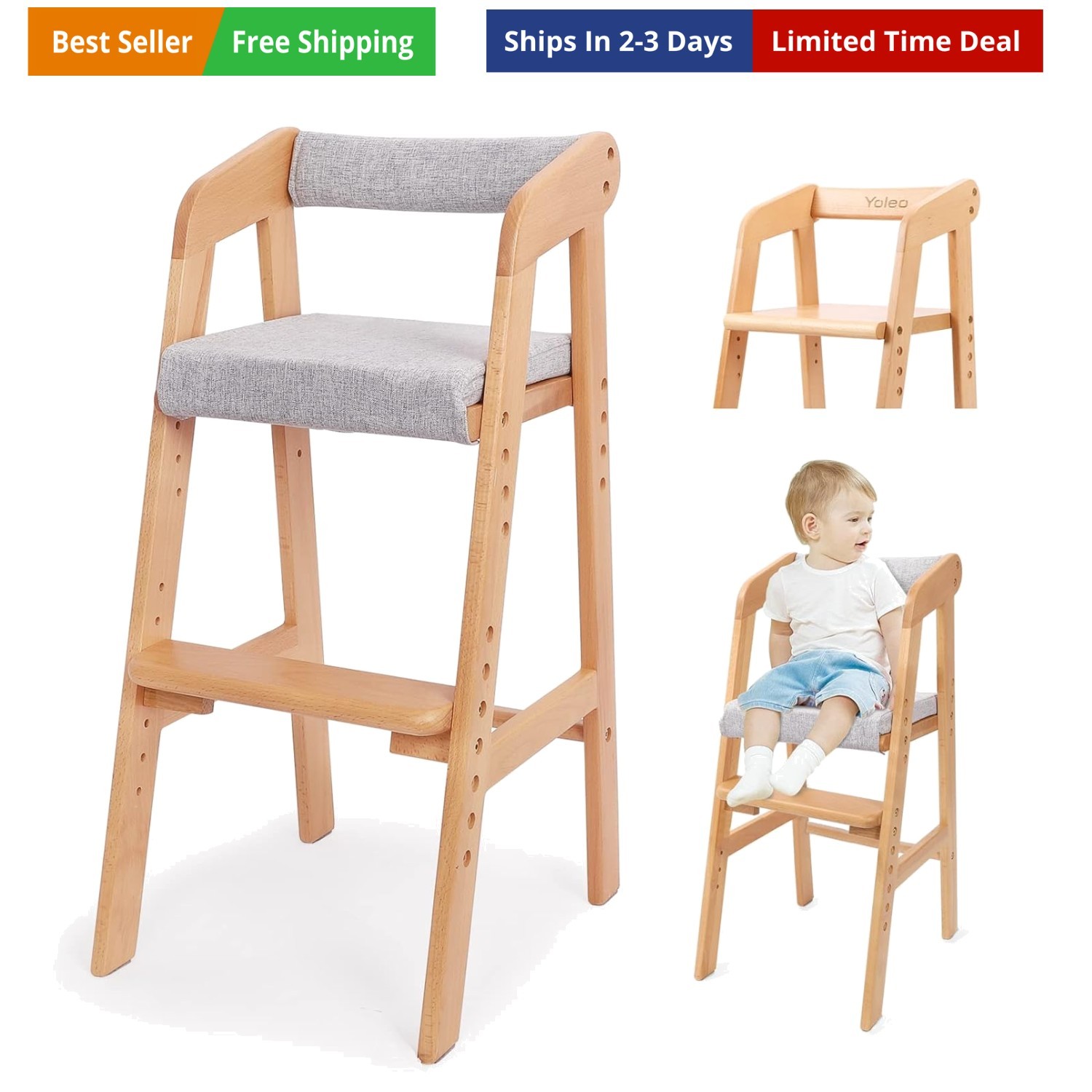 Wooden High Chair for Toddlers, Adjustable Feeding Chair with Removable Cushi...