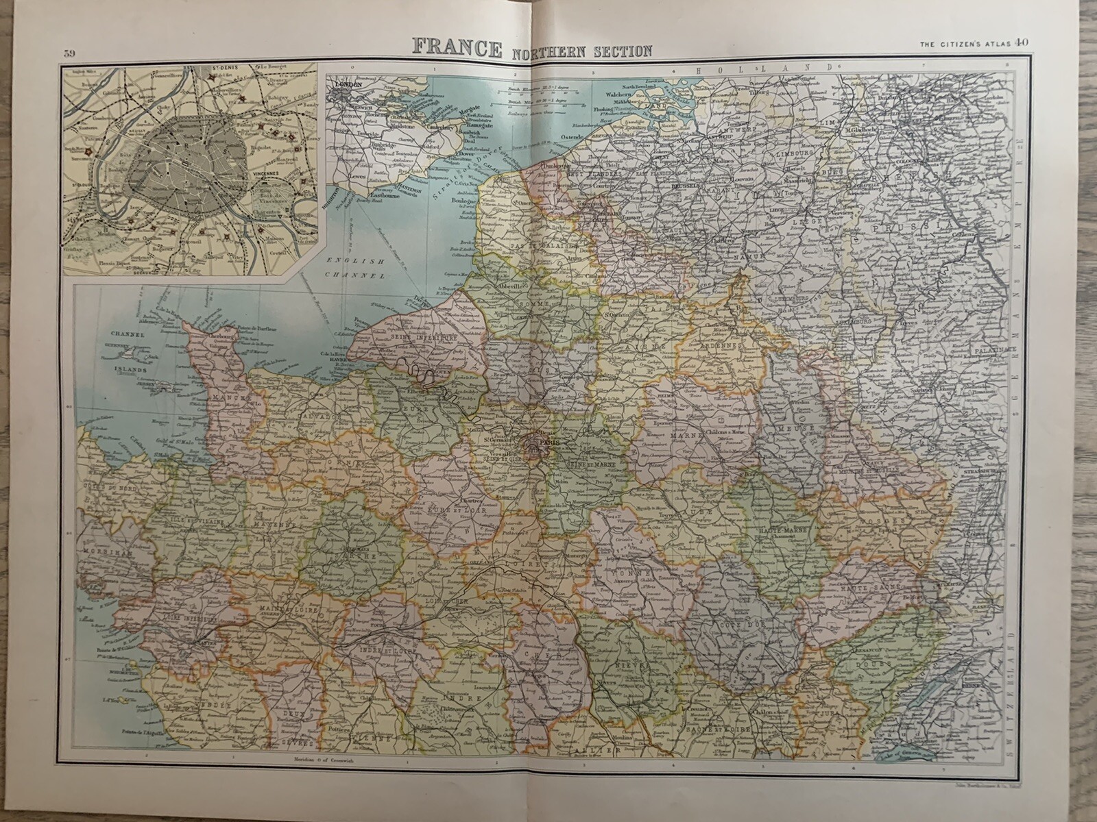 1898 NORTHERN FRANCE ANTIQUE COLOUR MAP BY JOHN BARTHOLOMEW 122 YEARS OLD