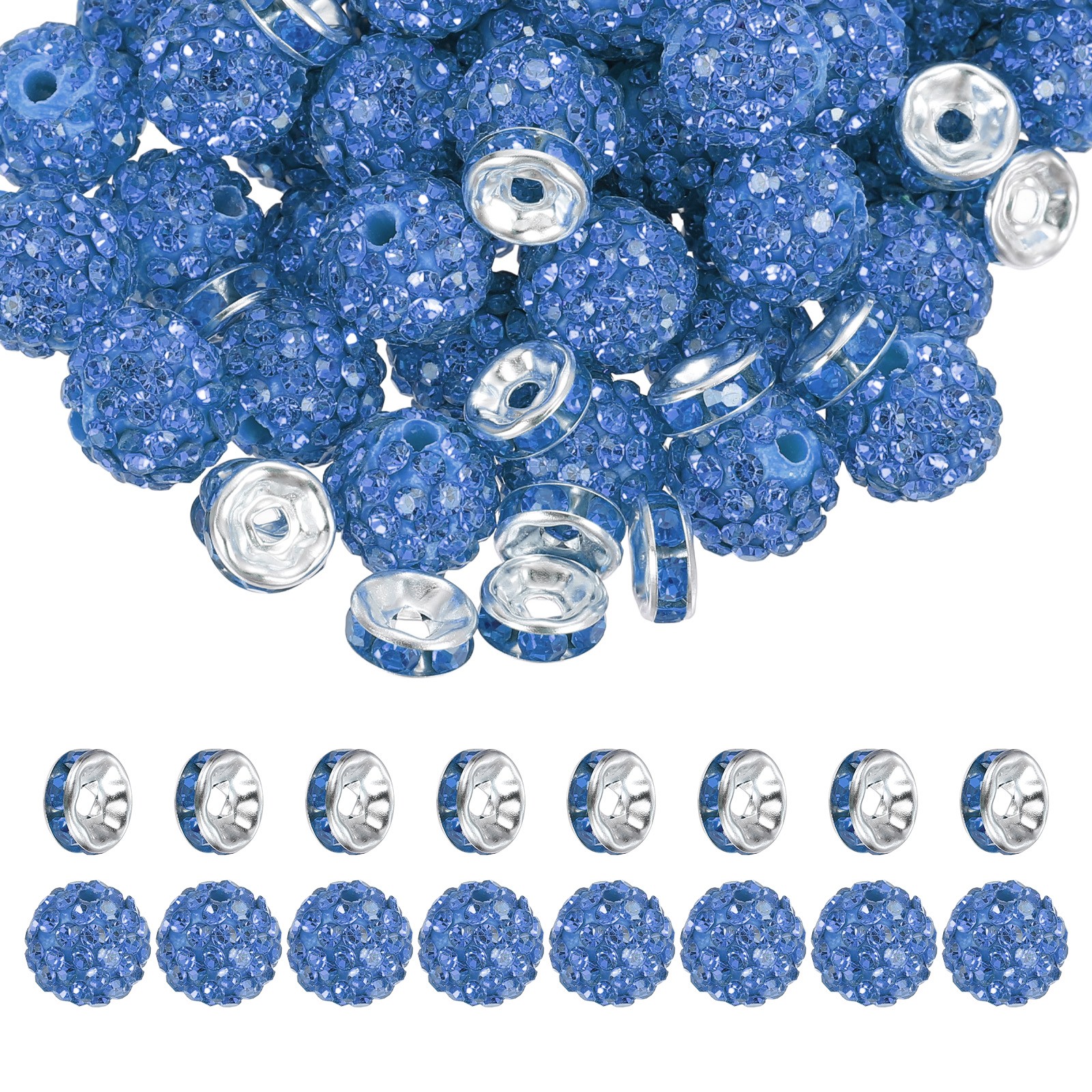 120Pcs Rhinestone Beads, 10mm Bead/8mm Crystal Spacer (Light Blue)