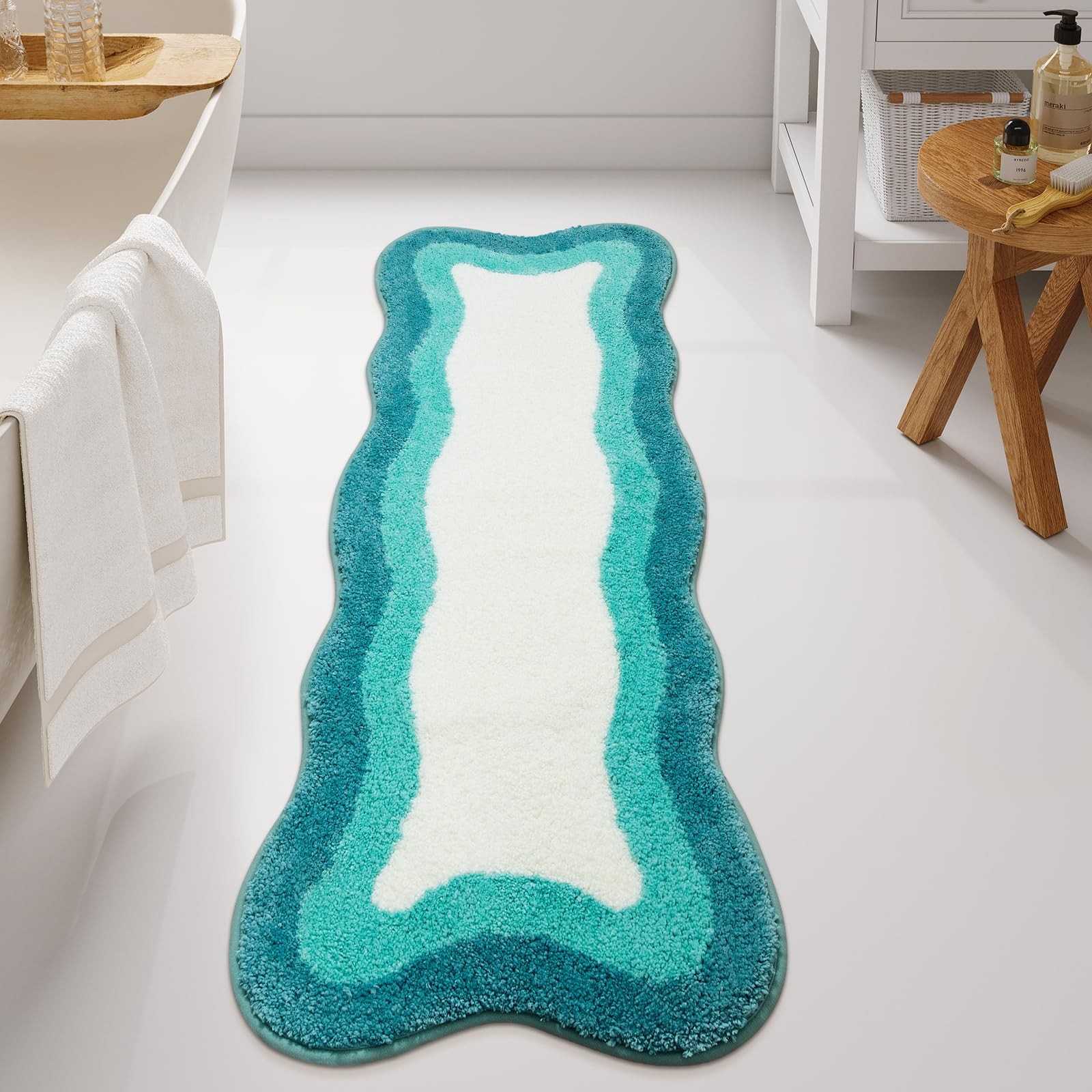 HAOCOO Aqua Blue Scalloped Runner Rug, 24x59" Irregular Bath Mat, Non-Slip