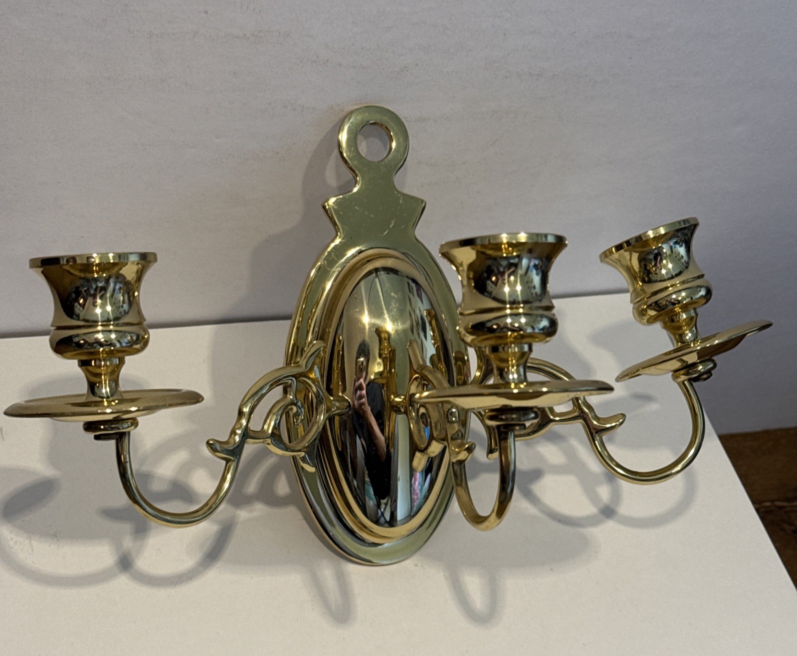 Vintage Polished Brass Triple Arm Wall Sconce 6”x10” Ornate Scrollwork