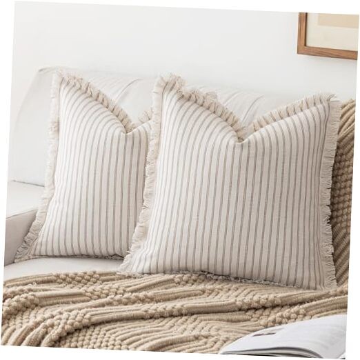 Throw Pillow Covers 24x24 Set of 2 Striped Fringe 24" x 24" (Pack of 2) Khaki