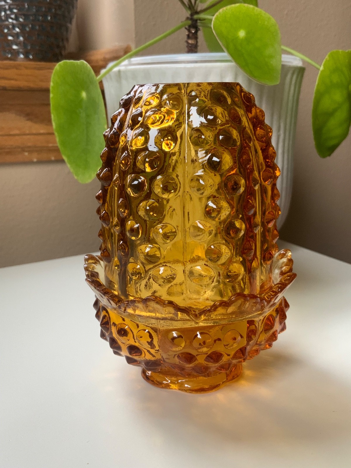 Vintage Fenton FAIRY LIGHT Hobnail Golden Amber Glass Candle Holder Lamp