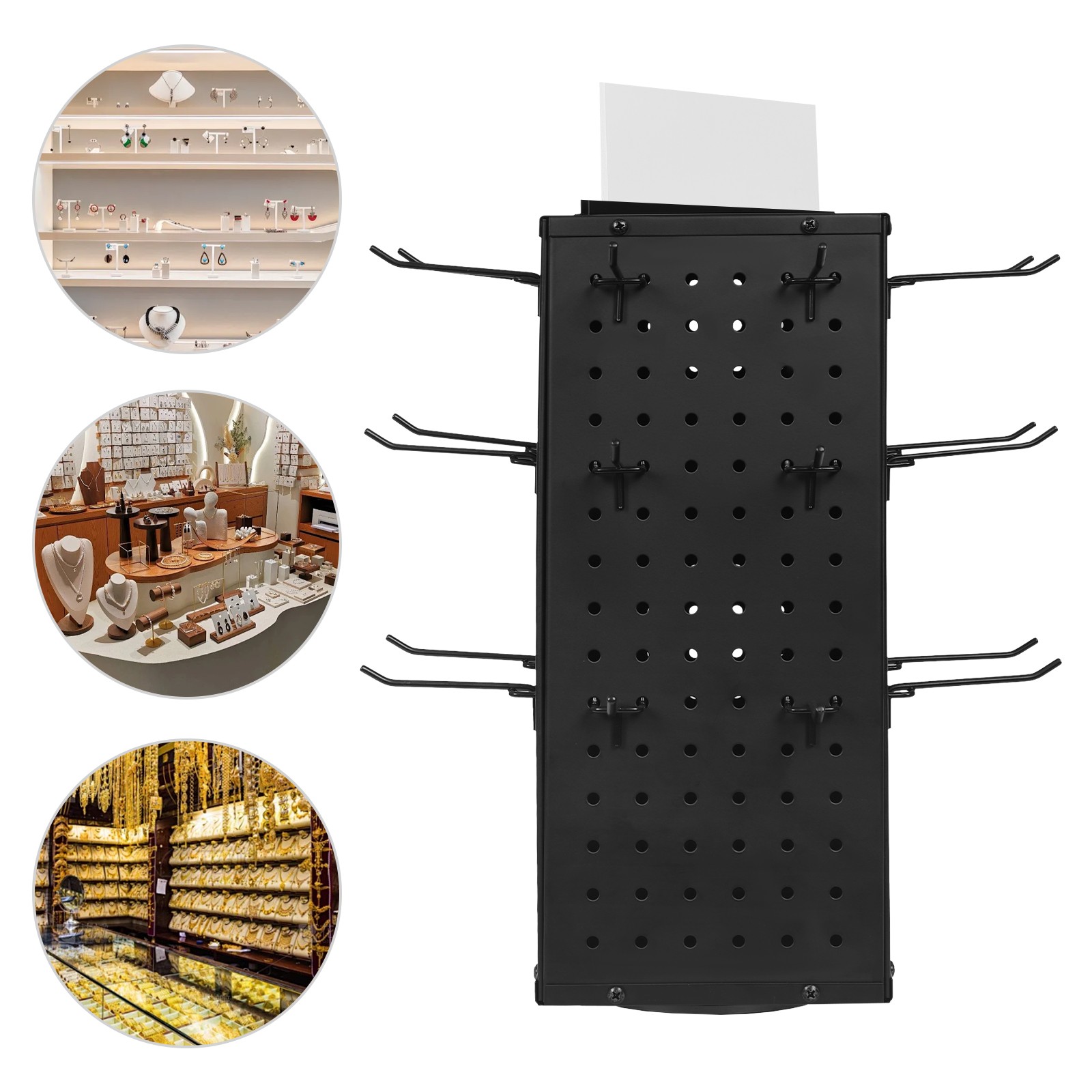 Rotating Pegboard Display Stand with 24 Hooks - 4-Sided Metal Spinning Peg Board