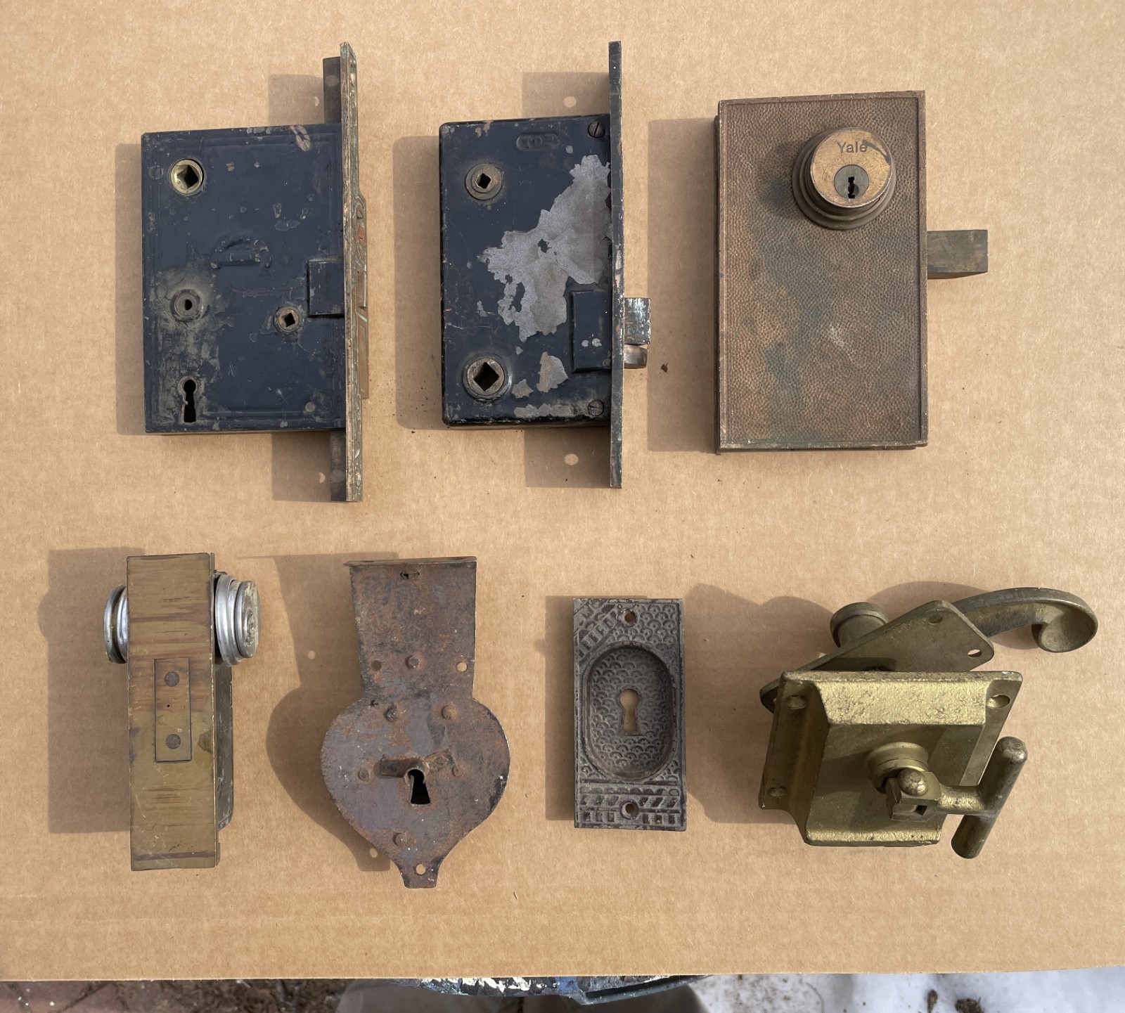 FANTASTIC Lot (7) Antique DOOR HARDWARE Parts Mortise Locks Escutcheons Handle