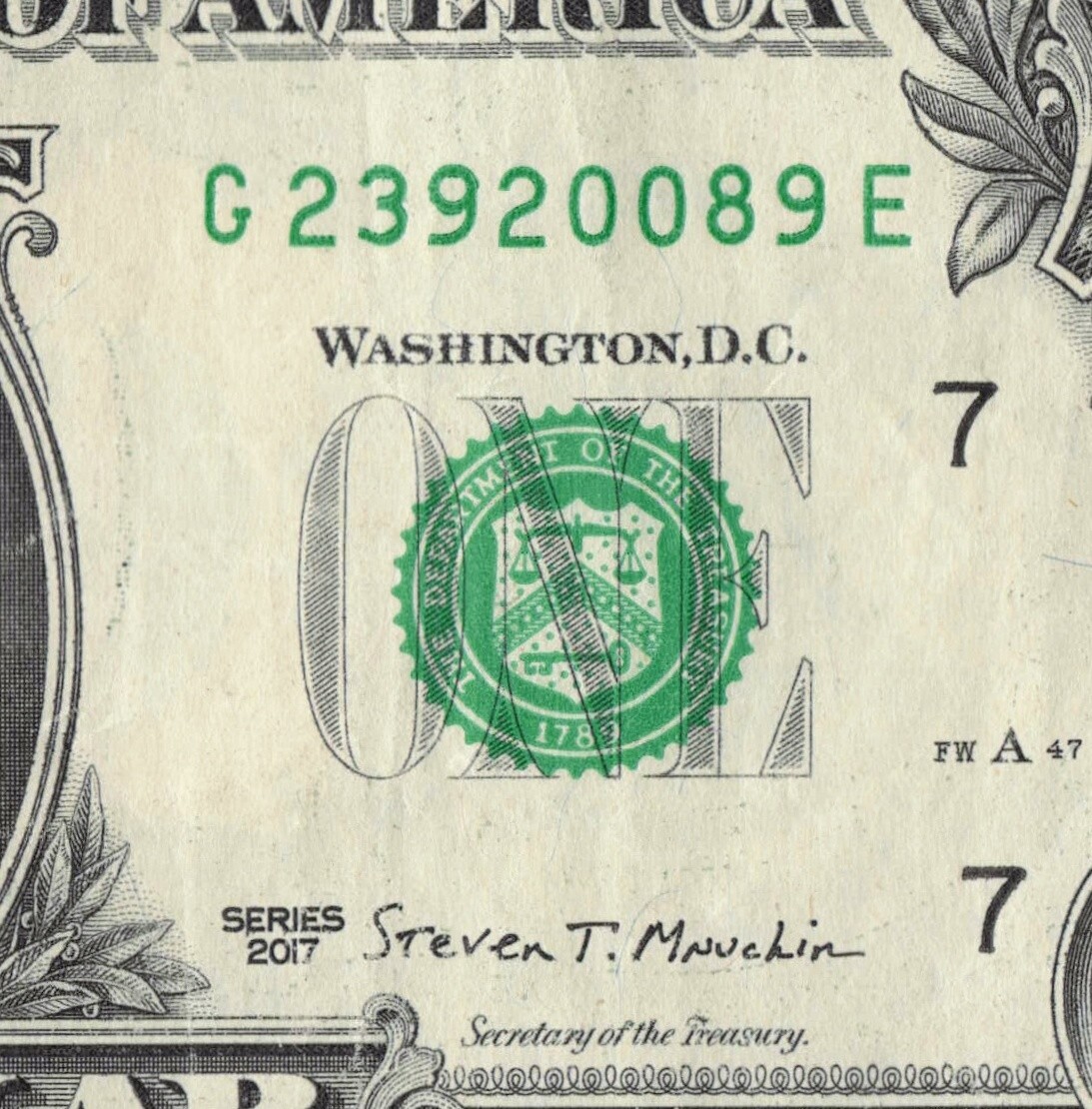 Year Note 2008 in the Serial Number $1 Dollar Bill Center Position G23920089E