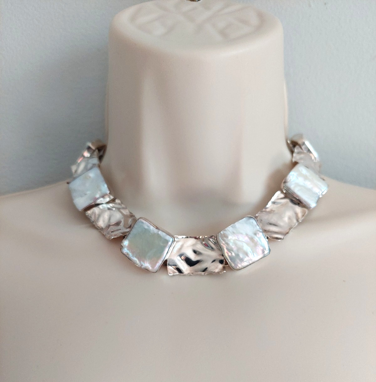 Sterling Silver US 925 Necklace Mother Of Pearl Collar Chunky Links Toggle Clasp