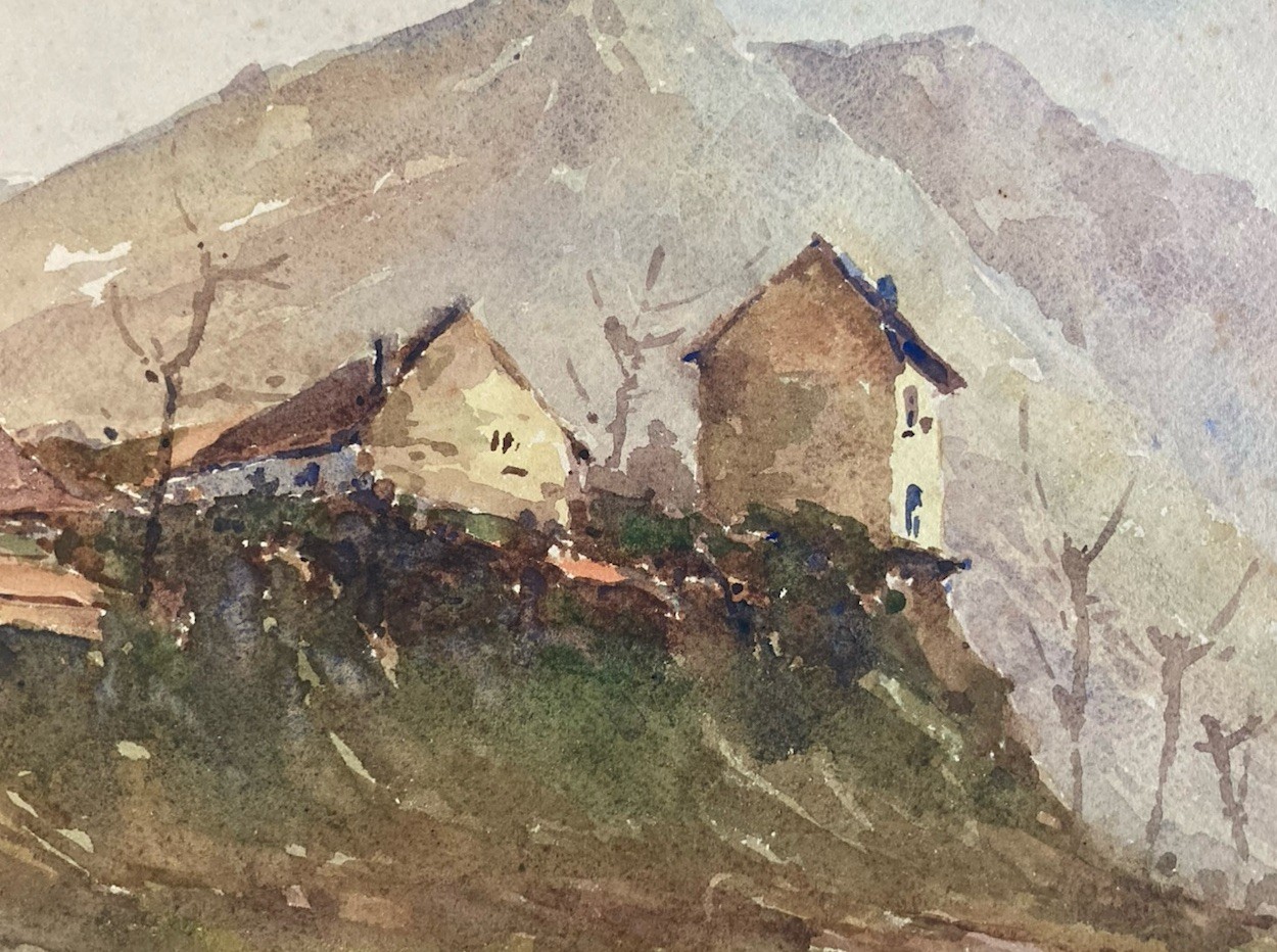 Belle Peinture Papier Ornolac Ussat Les Bains Gouache Maison Village 1940 Art