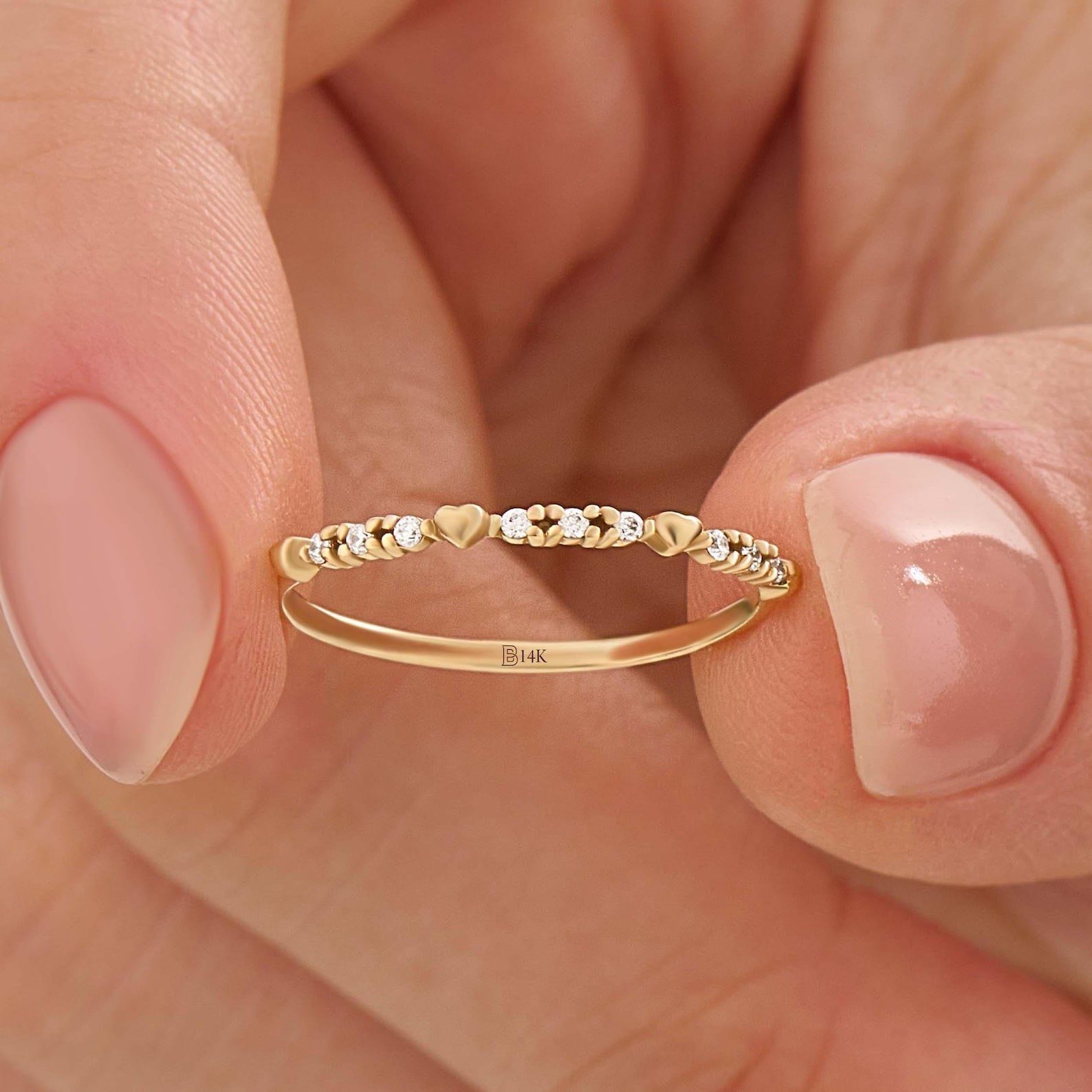14K Solid Gold Heart Stacking Ring Minimalist Dainty Love Band Romantic Ring