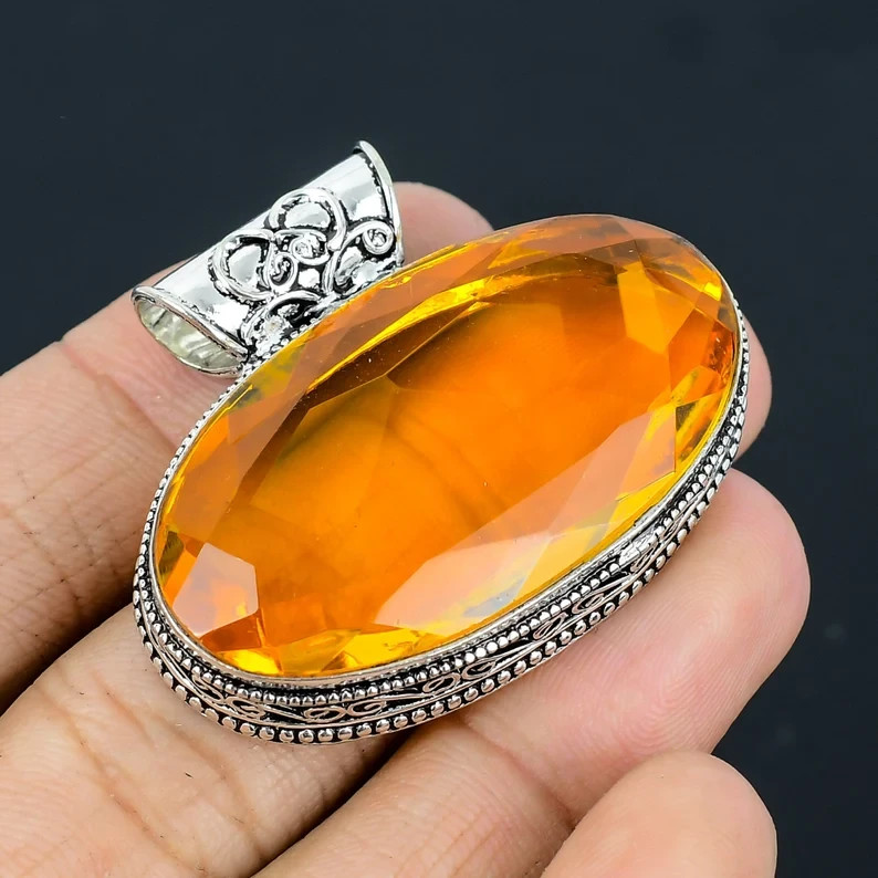 Faceted Citrine Gemstone Handmade 925 Sterling Silver Jewelry Pendant Sz-2''