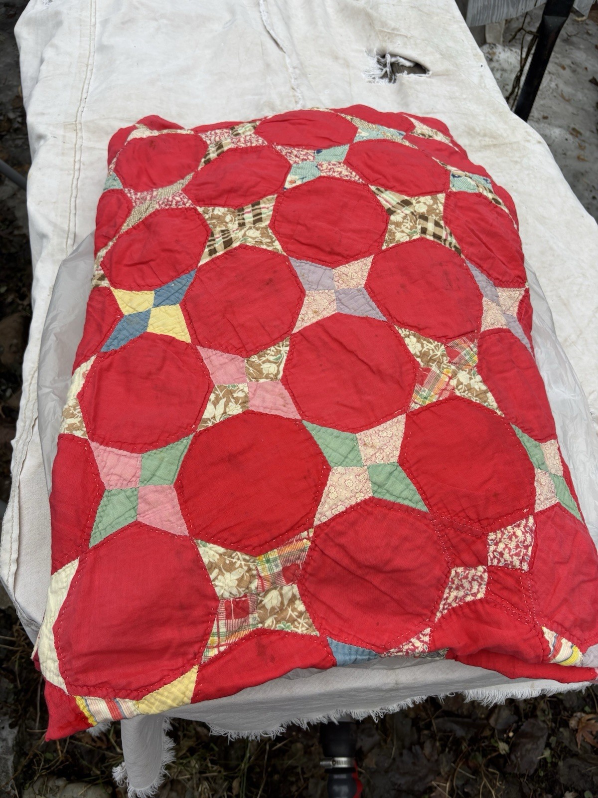 Vintage Snowball Feed Sack Quilt Beautiful Multicolour 77"x60" Hand Stitched