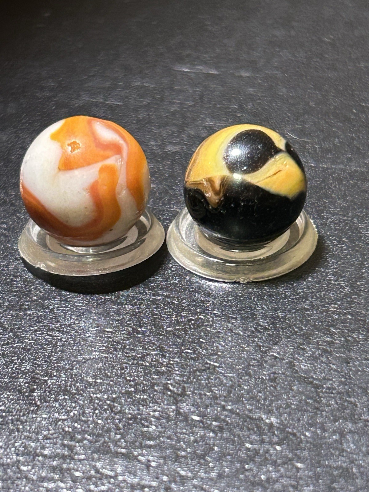 Pair Of Played Christensen Agate Marbles Opaque Stripe .56” & .69”