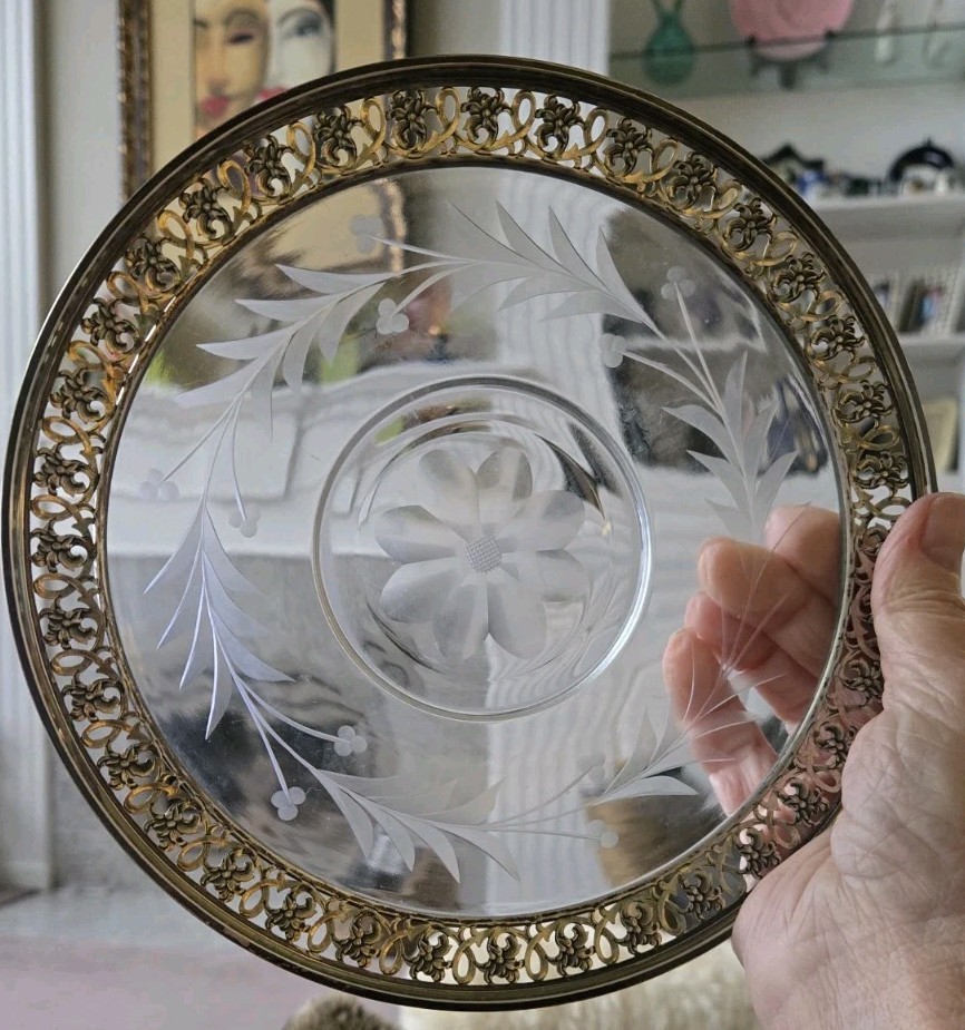 Rare antique Wallace sterling silver etched Floral glass plate dish, 8-3/16"
