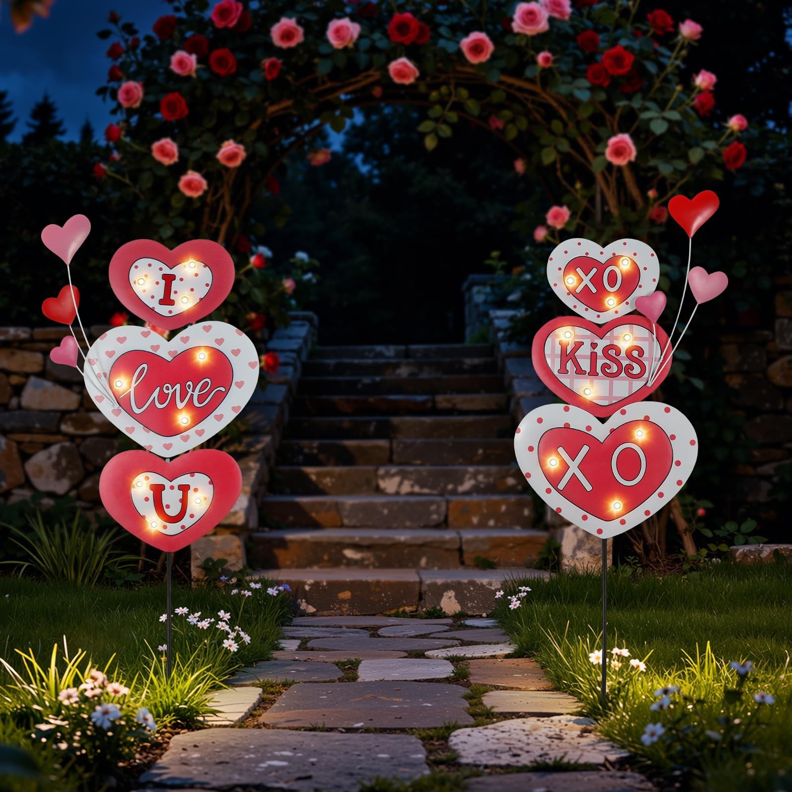 2 Pcs Valentine's Day Decorations Outdoor, Metal Solar Pathway Lights, Love H...