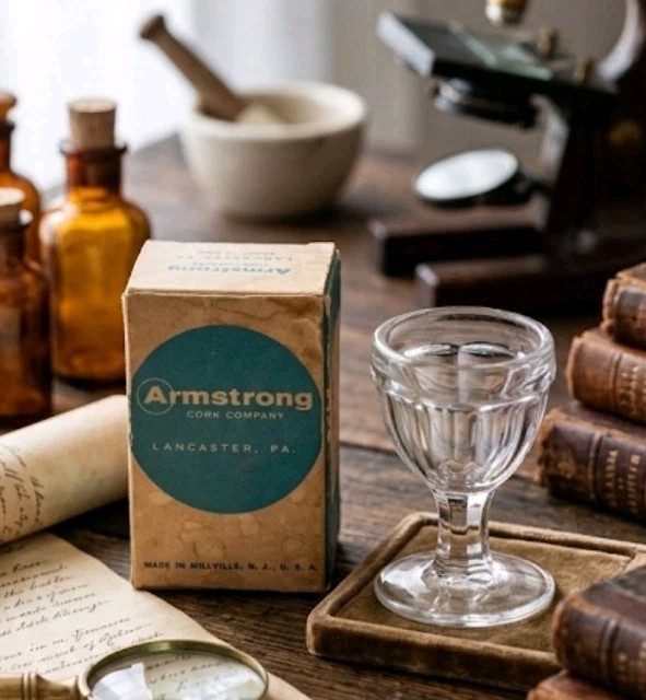 Antique Armstrong Glass Eye Washer Cup & Original Box - Millville, NJ