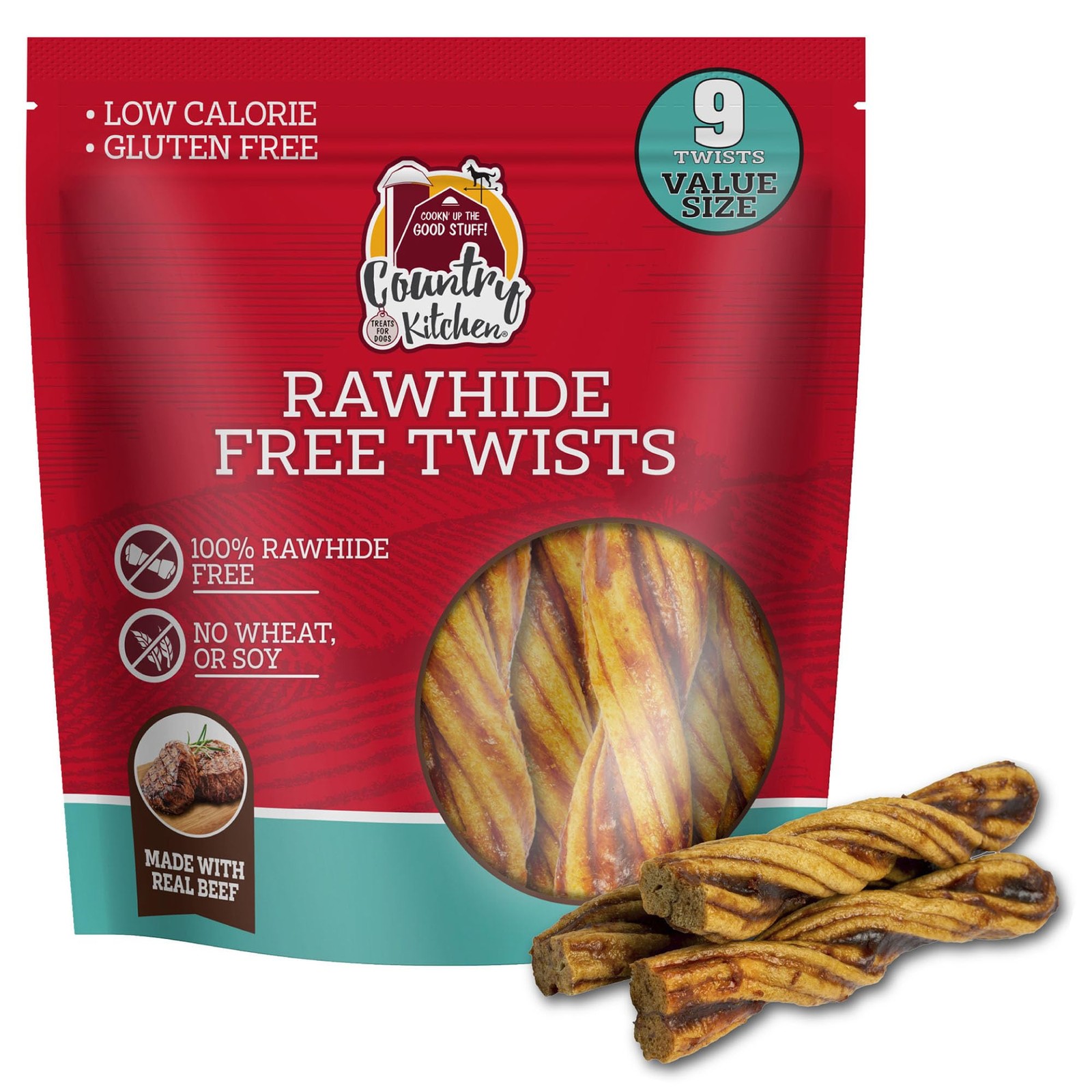 Country Kitchen Rawhide-Free Real Beef Twists Dog Chews – 9 Count Long-Lasting