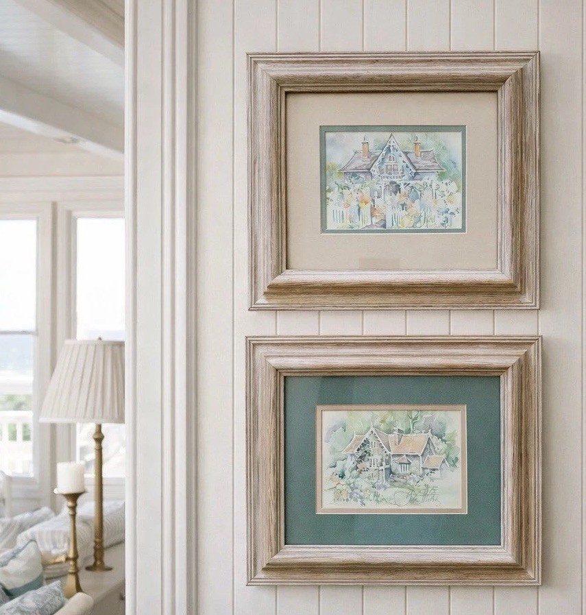 Pair Tisha Whitney Original Coastal Victorian Cottage Watercolor Paintings