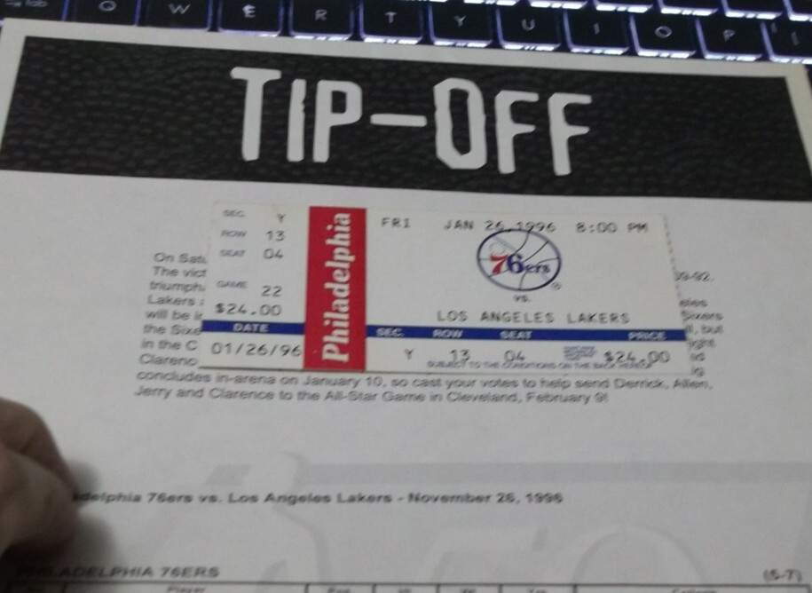 LOS ANGELES LAKERS,BASKETBALL TICKET, JAN. 26,1996 + TIP-OFF SHEET-NOV. 26, 1996