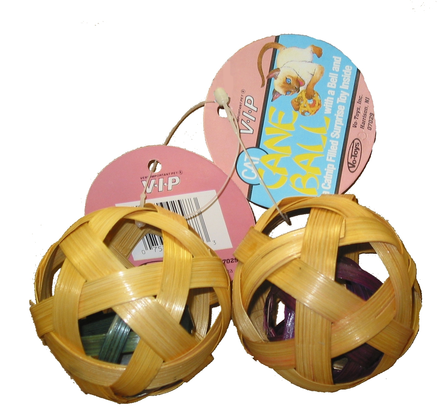 12 pk - Cat Bamboo Cane Ball with another cane ball with bell inside