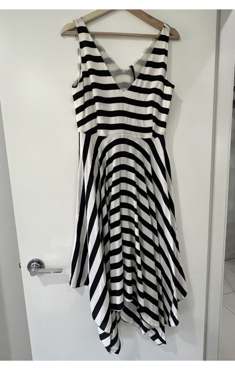 Luxe Deluxe Black White Stripe Silk Dress Size 8
