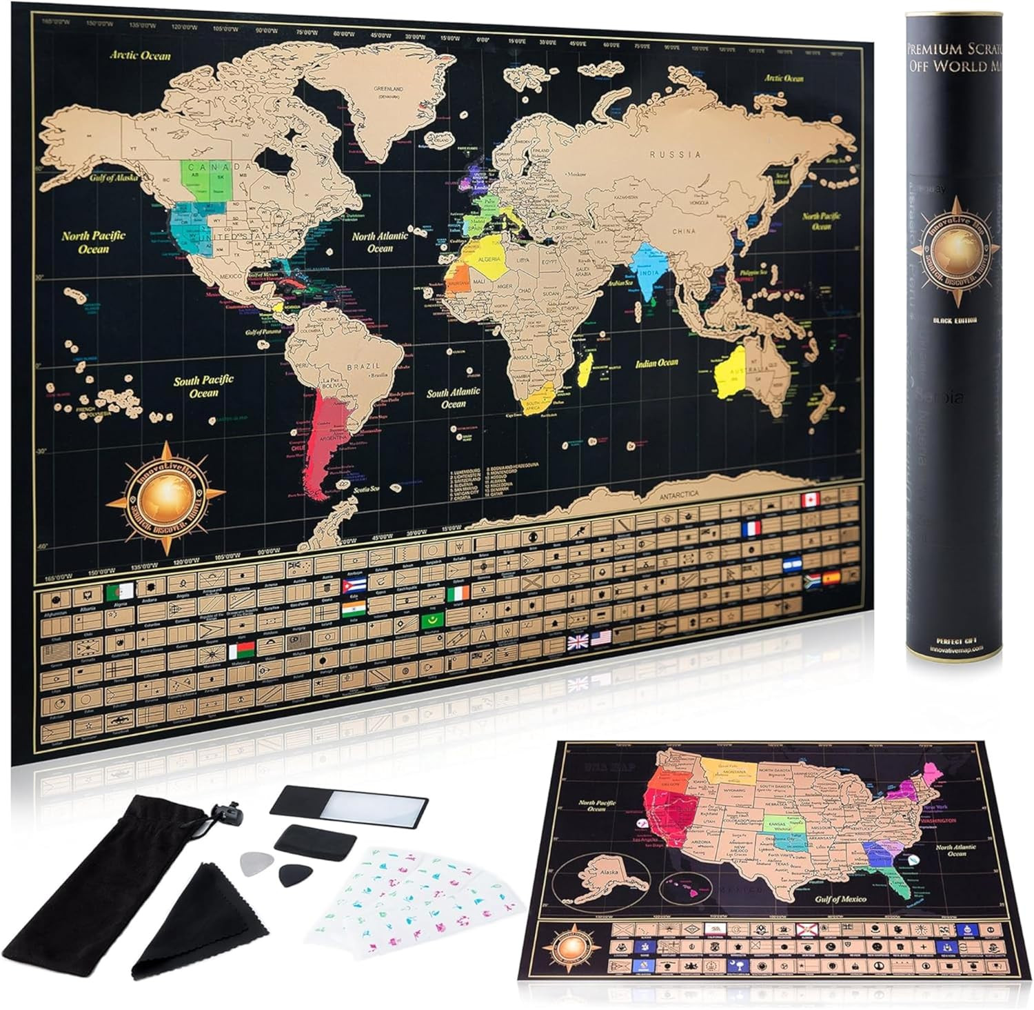 Scratch off World Map Poster and Detailed United States Map, Includes Complete A